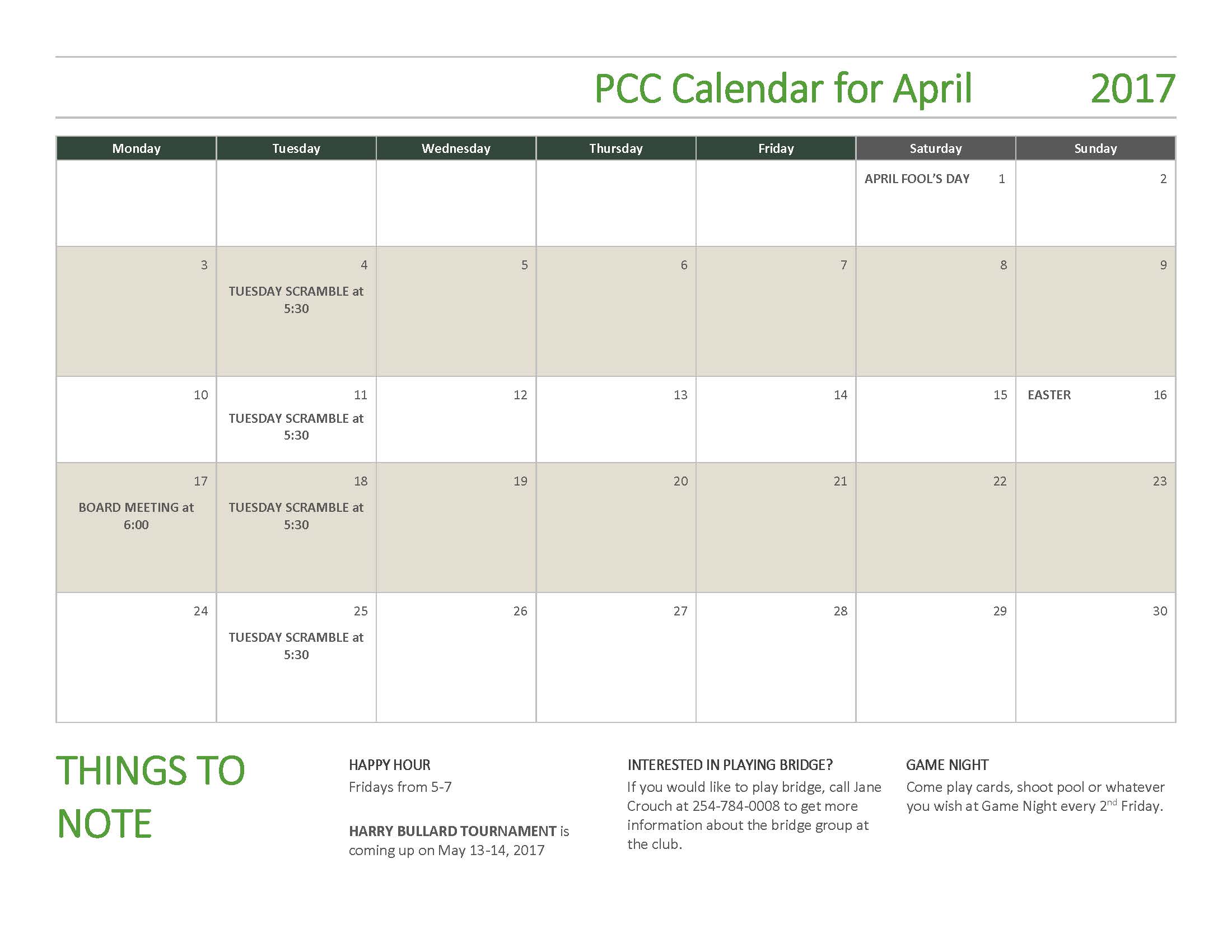 PCC Calendar for April 2017 Perry Country Club