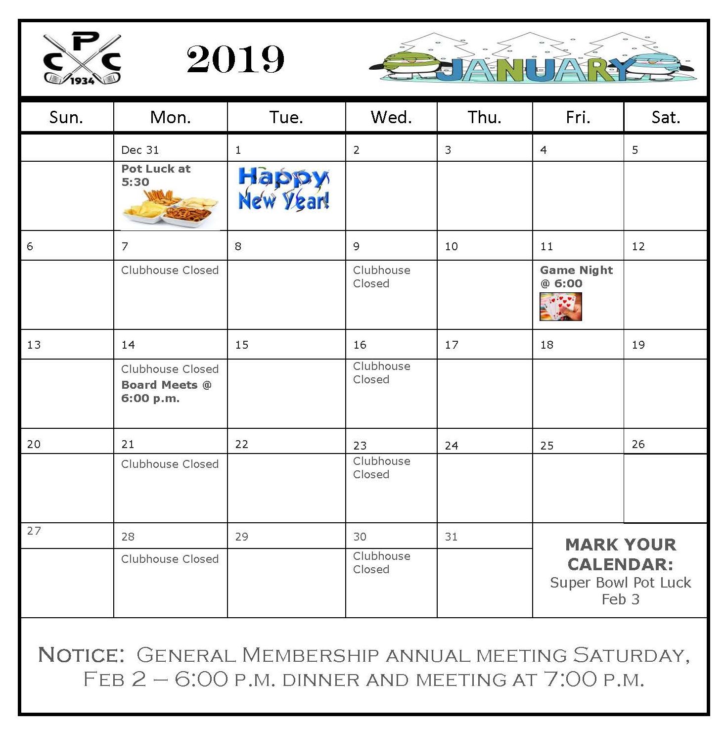 PCC Calendar JAN 2019 Perry Country Club